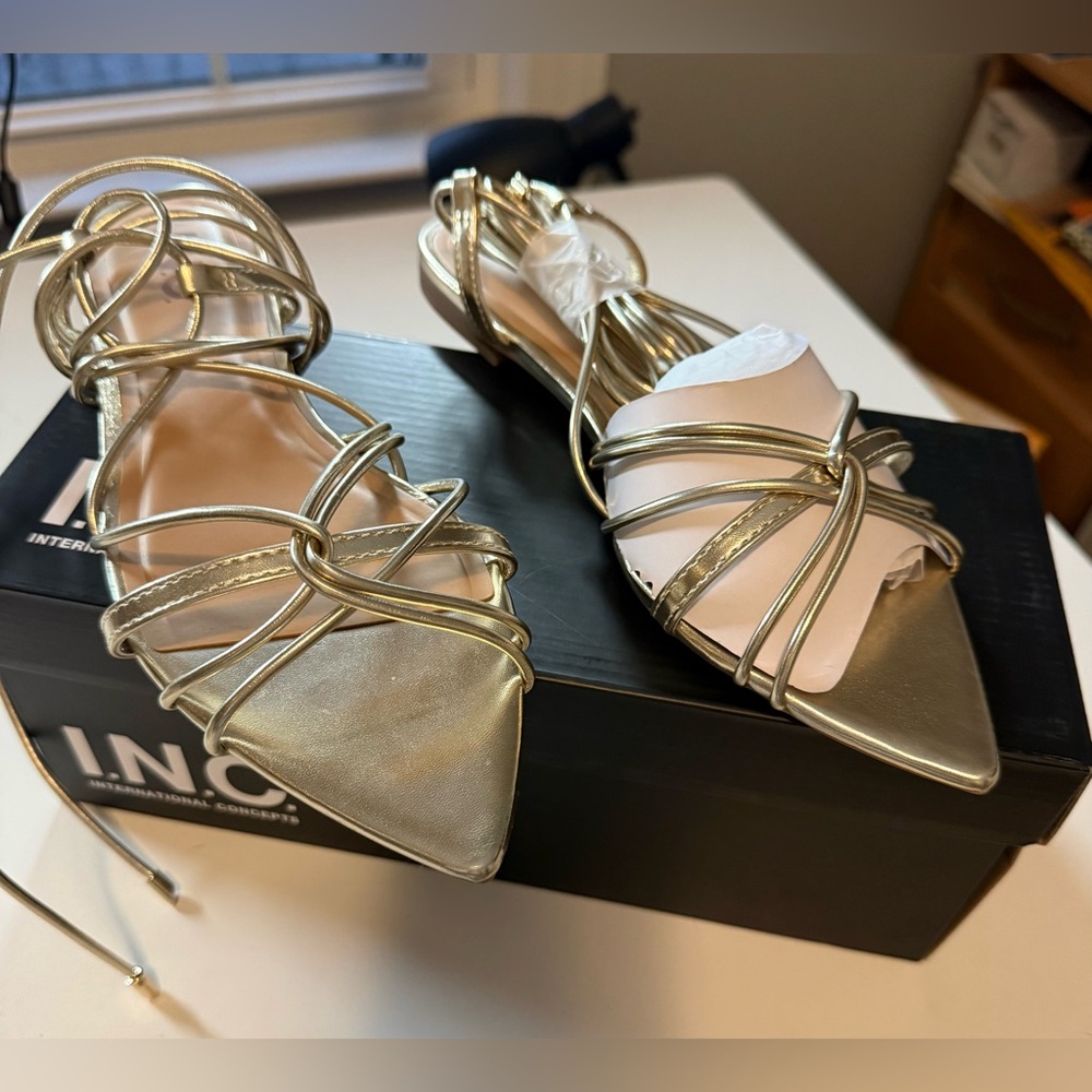 INC International Concepts Gold Kharmaa Lace Up Sandal  7 9.5